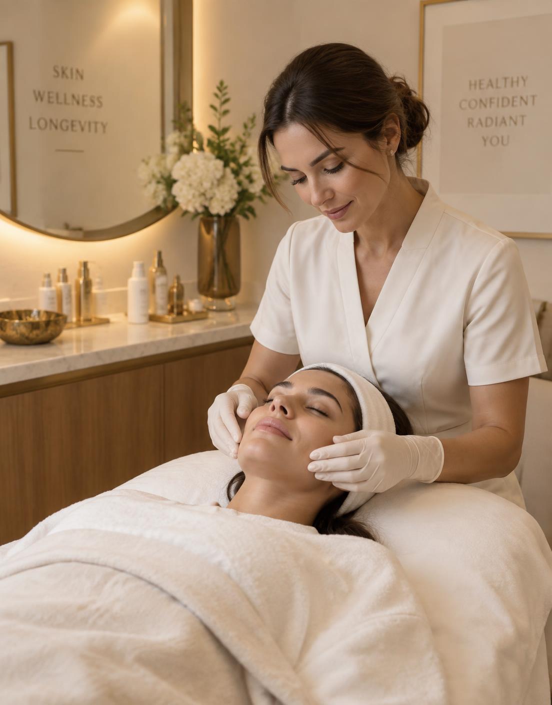 A guest receiving a facial treatment in a warm, ivory-toned treatment room