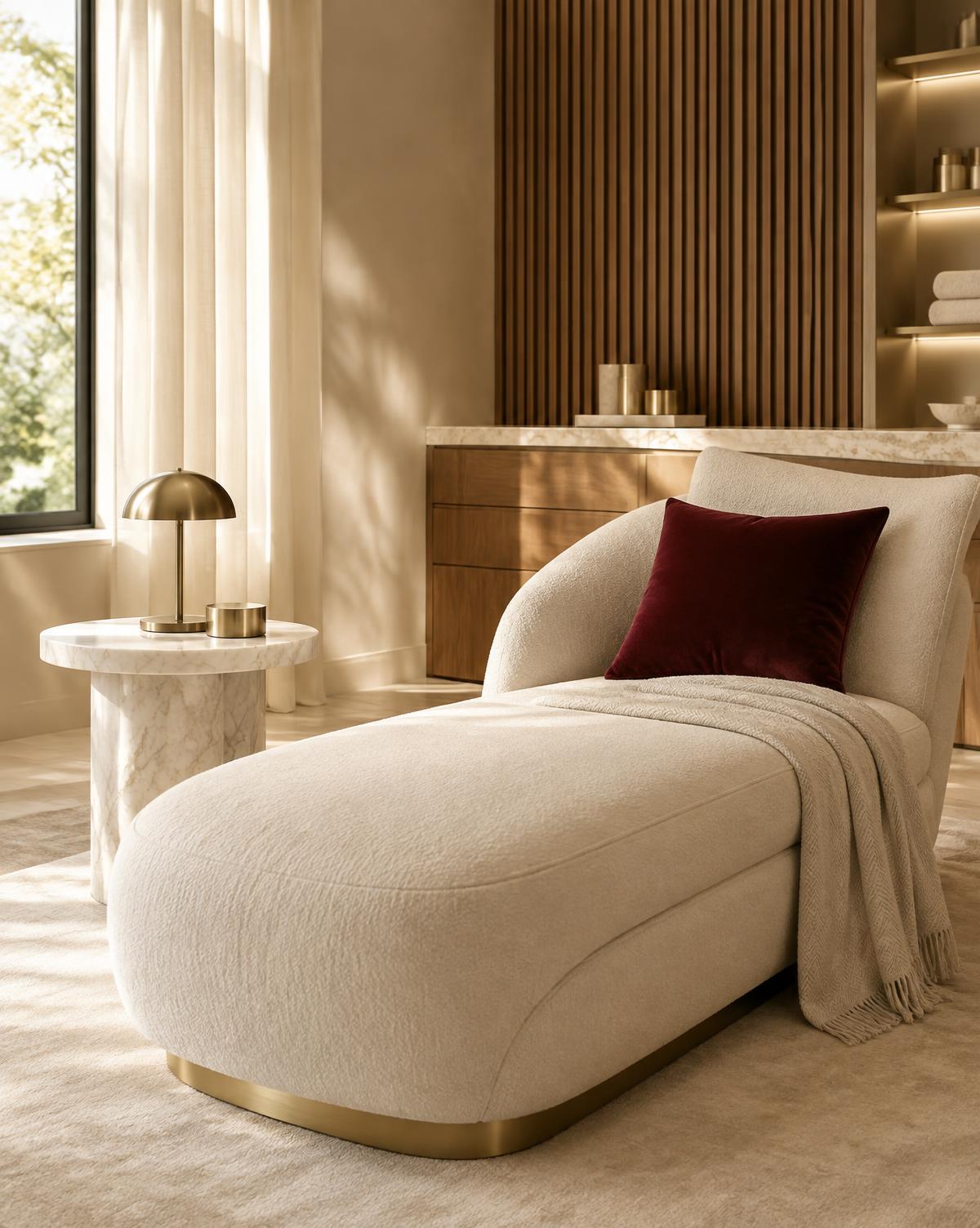 A serene ivory and gold treatment lounge at Mirako Spa
